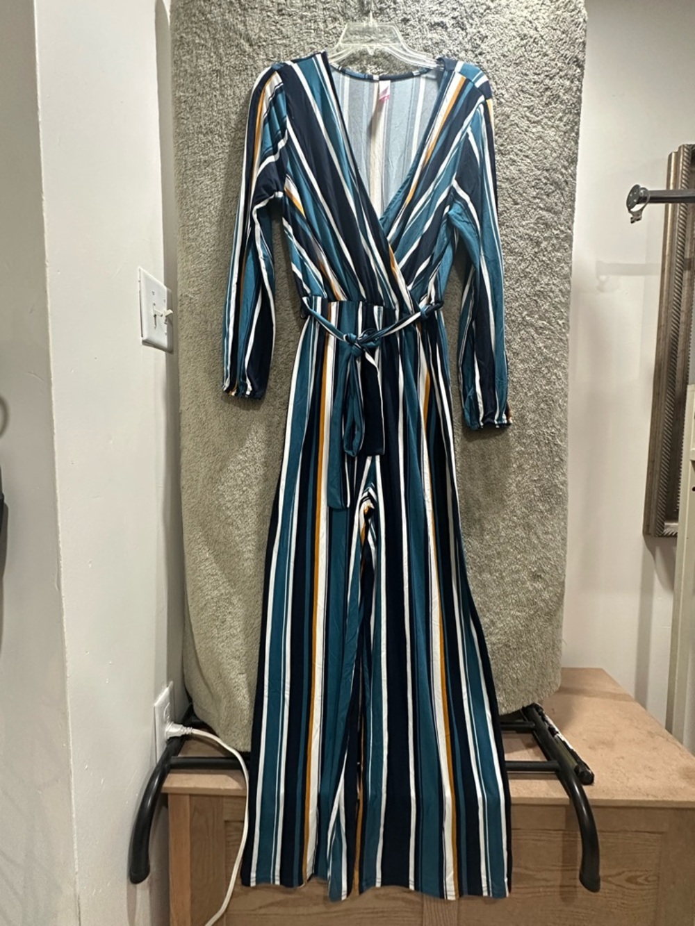 No Boundaries Teal, Navy and Gray Striped Jumpsuit